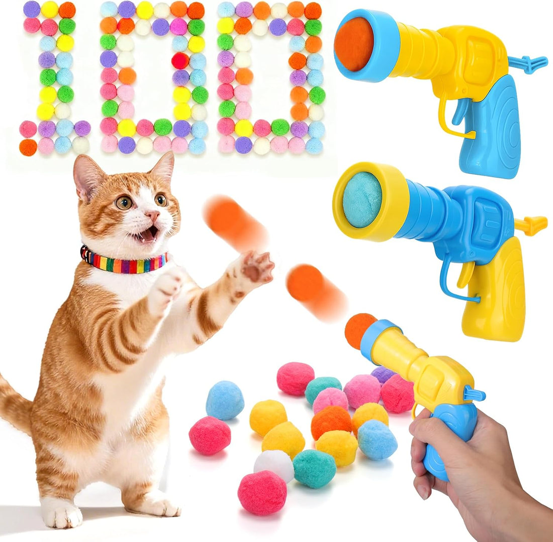 Mity rain 102PCS Cat Ball Launchers & Pom Pom Balls Interactive Cat