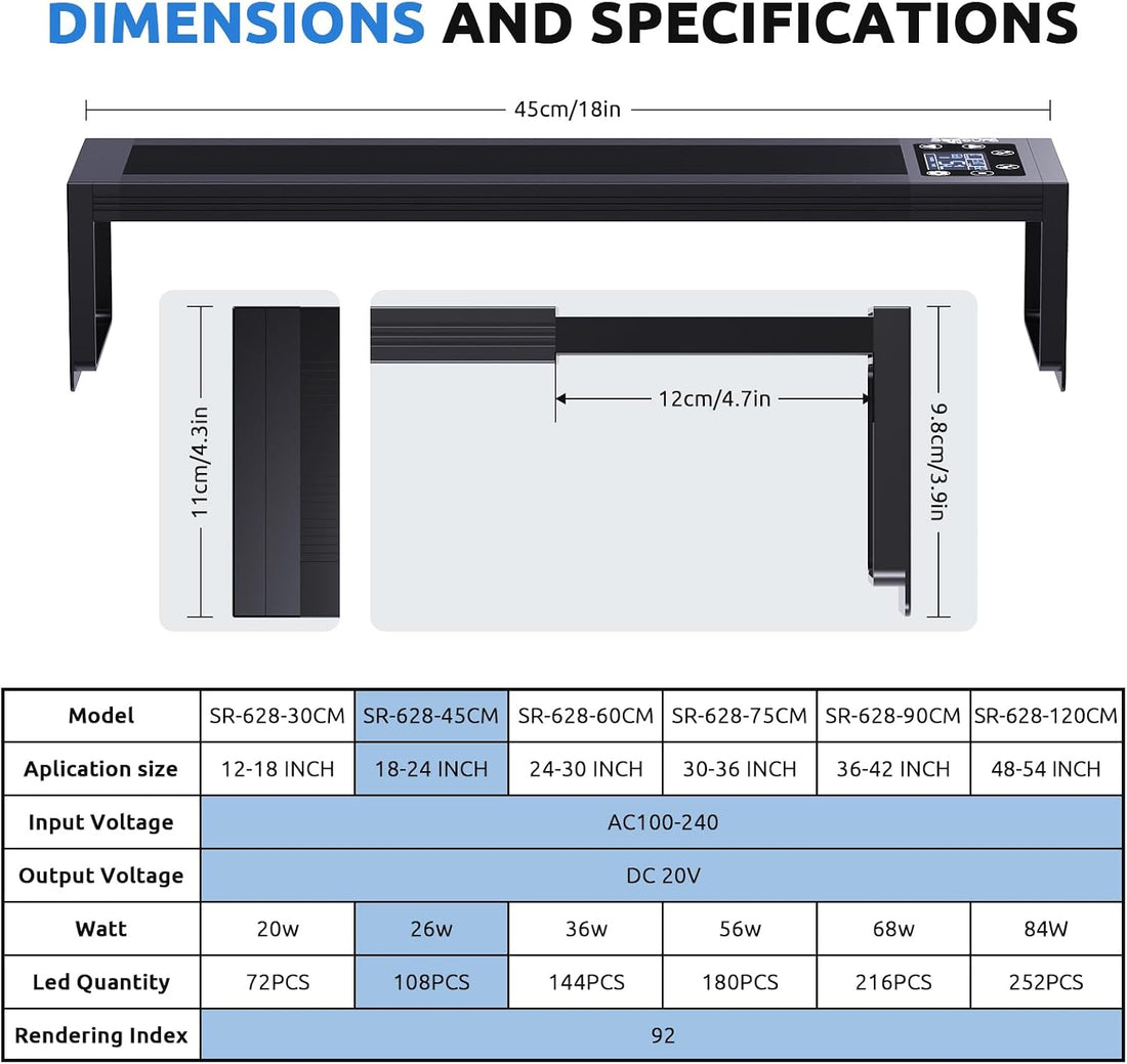 SEAOURA 24/7 LED Aquarium Light for 18-24 Inch Fish Tank Plant