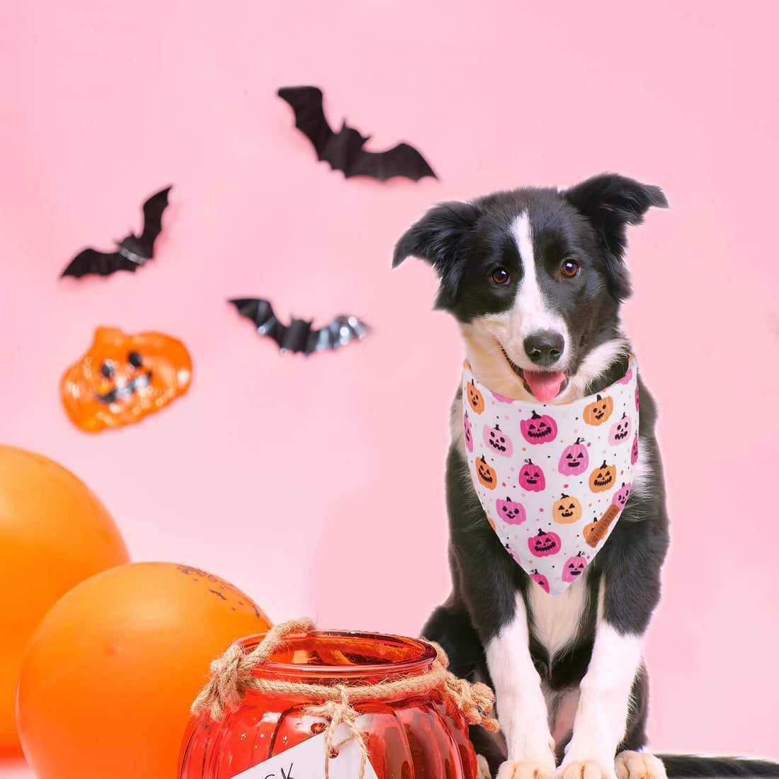 ADOGGYGO Halloween Dog Bandanas Girl, Pink Pumpkin Ghost Dog Scarf