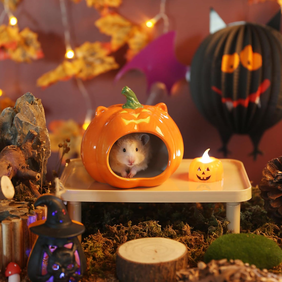 Halloween Pumpkin‑Shaped Ceramic Hamster Hideout, Small Pet House