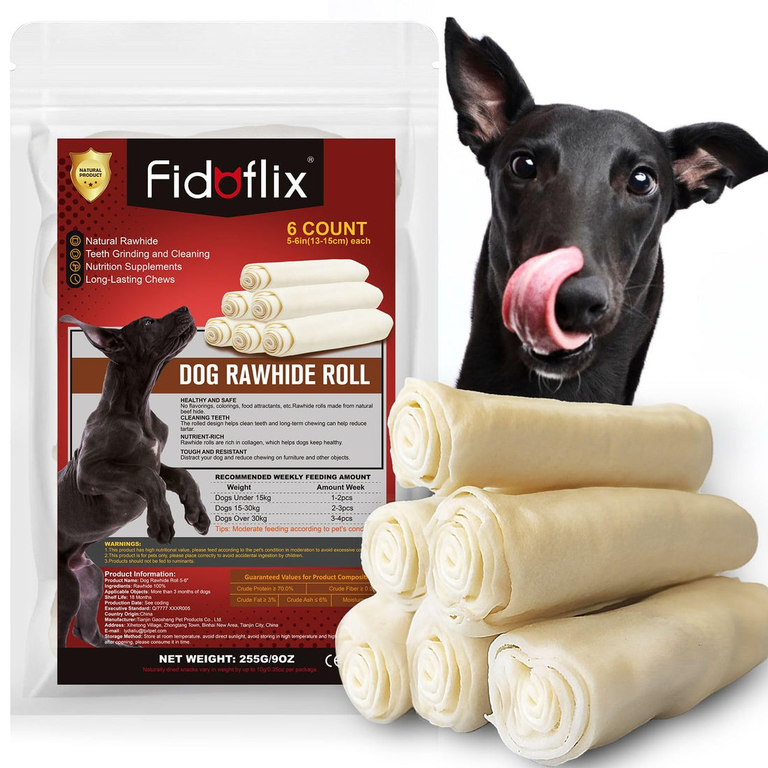 FidoFlix Dog Rawhide Chews,Long Lasting Rawhide Rolls Rawhide