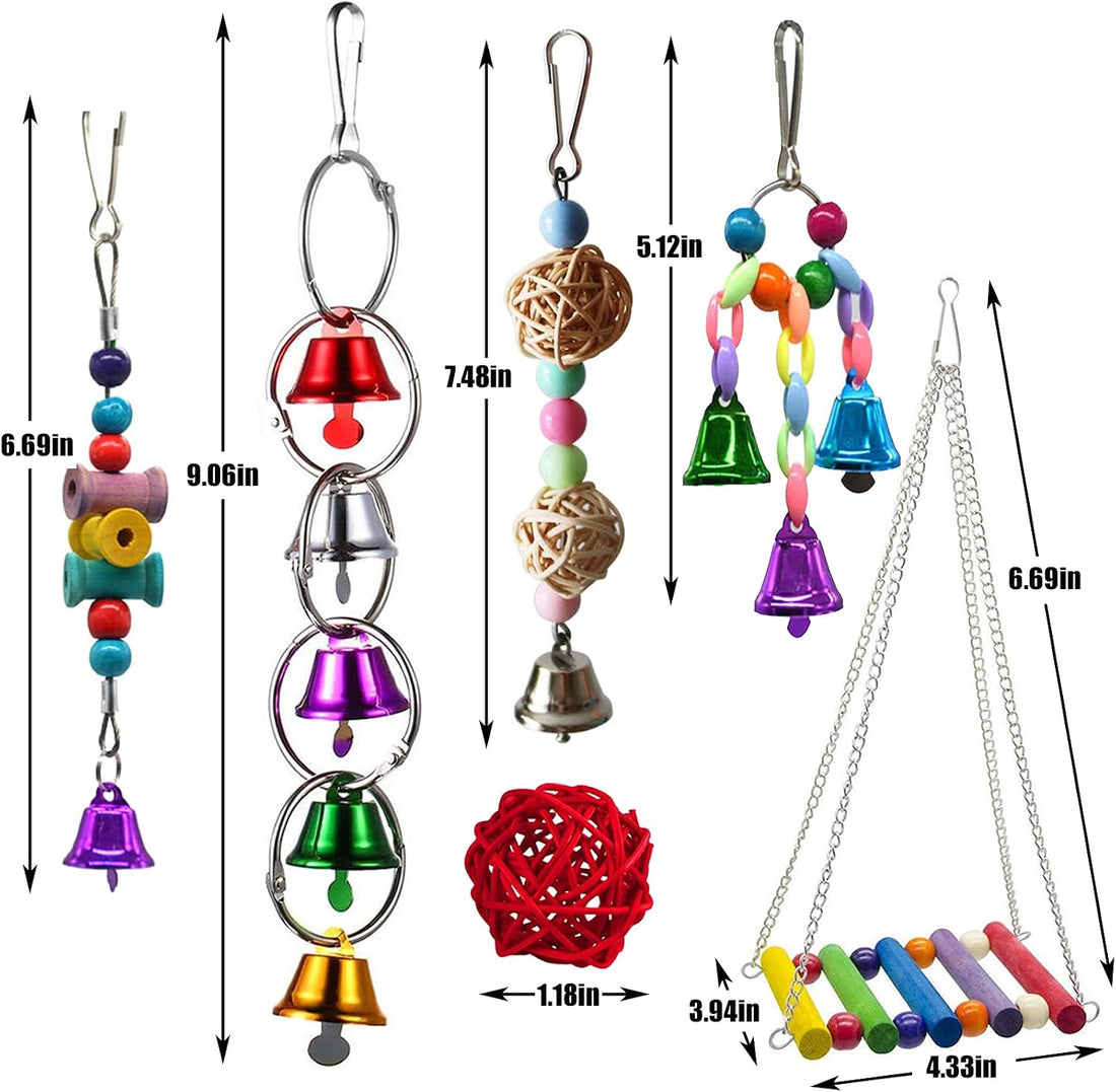 Hamiledyi Bird Parrot Swing Chewing Toy Set 15PCS Wooden Hanging Bell