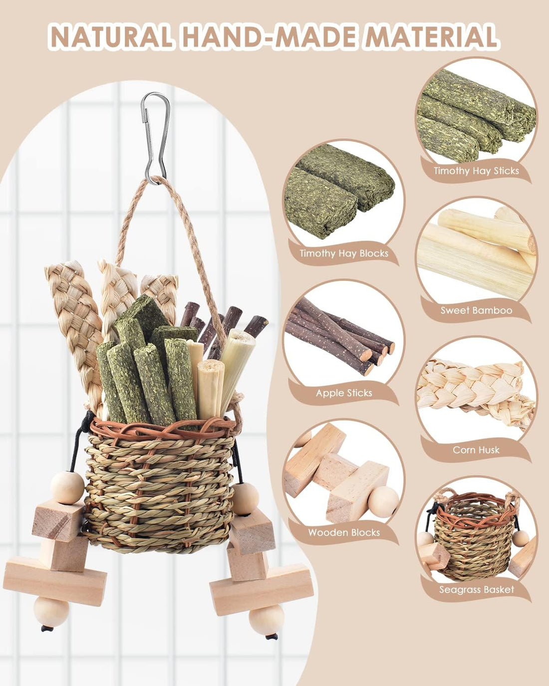 Bissap Bunny Chew Toys, Natural Seagrass Hanging Basket Chews Water