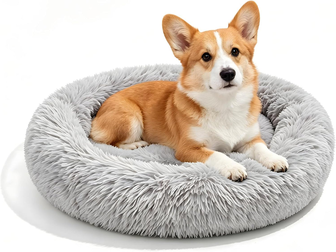 Round Donut Pet Bed 24in Soft Plush Calming Cushion with Non-Slip Base