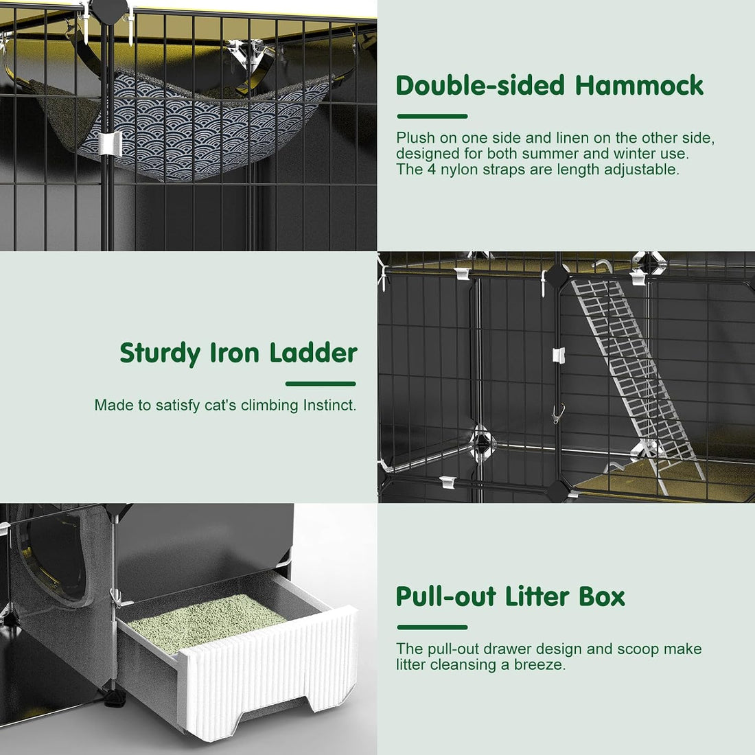 Cat Cage with Litter Box Hammock Ladders