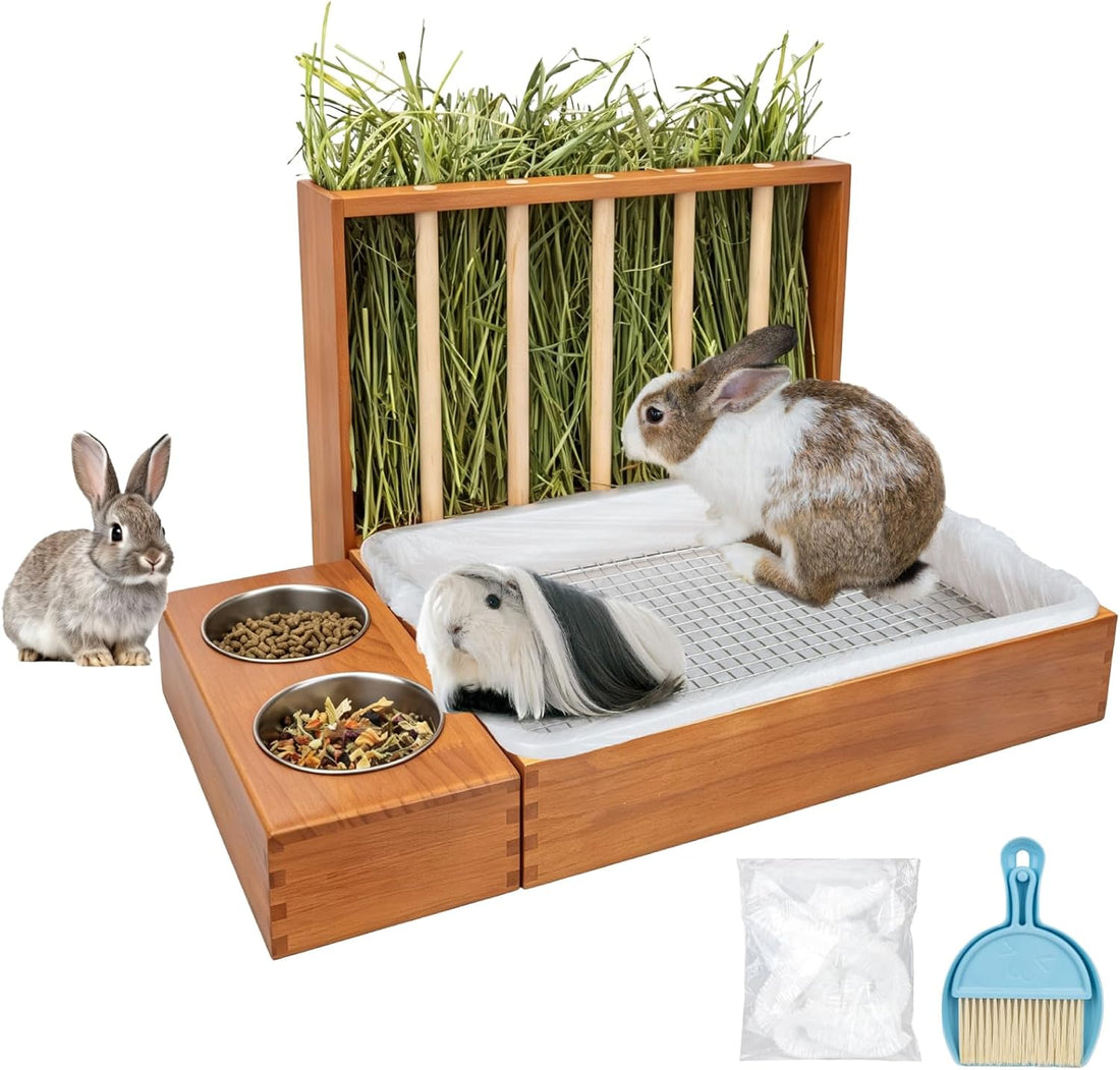 BESNEW 3 in 1 Rabbit Hay Feeder with Litter Box,Wooden Hay Feeder