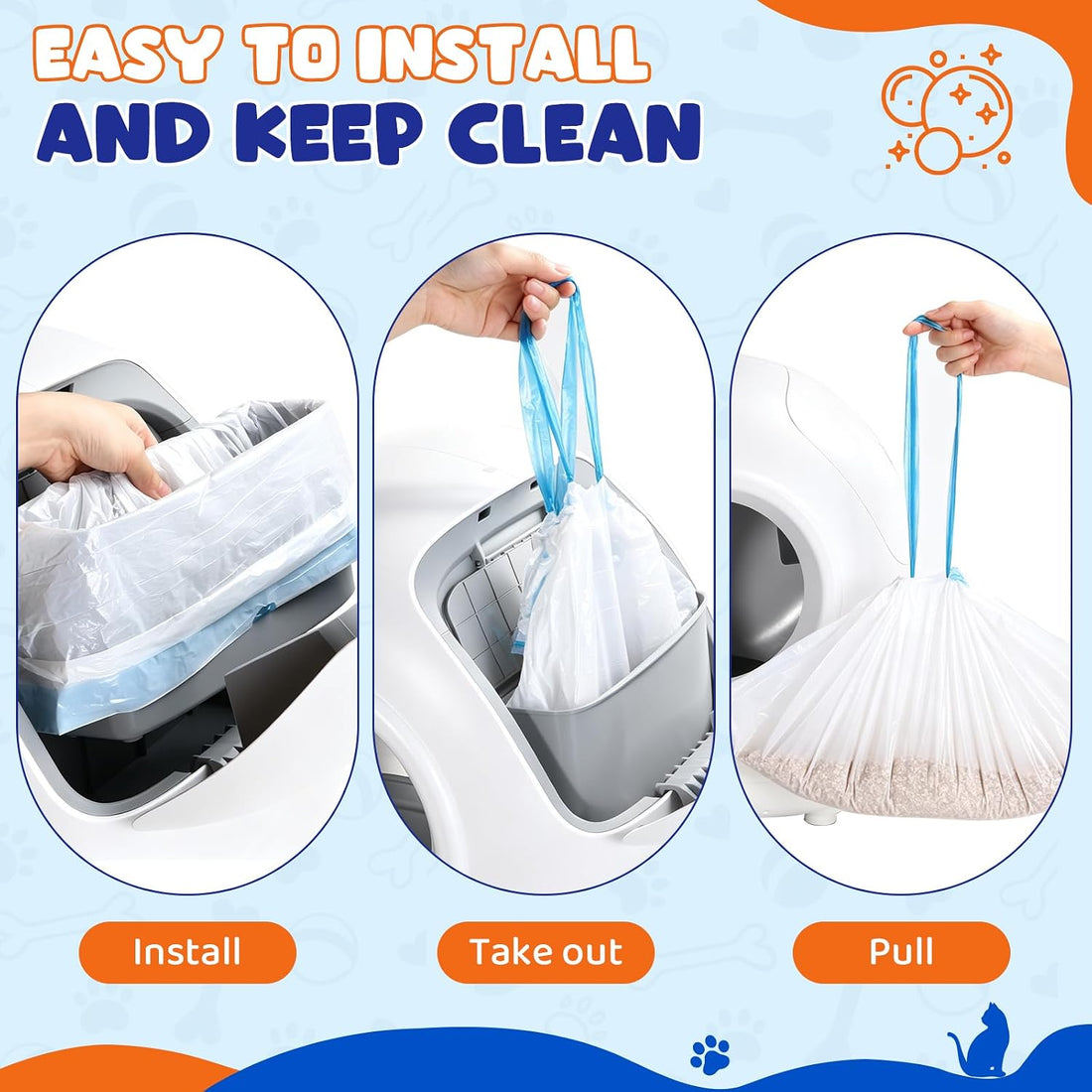 180 Count Automatic Cat Litter Box Liners, Drawstring Waste Bags