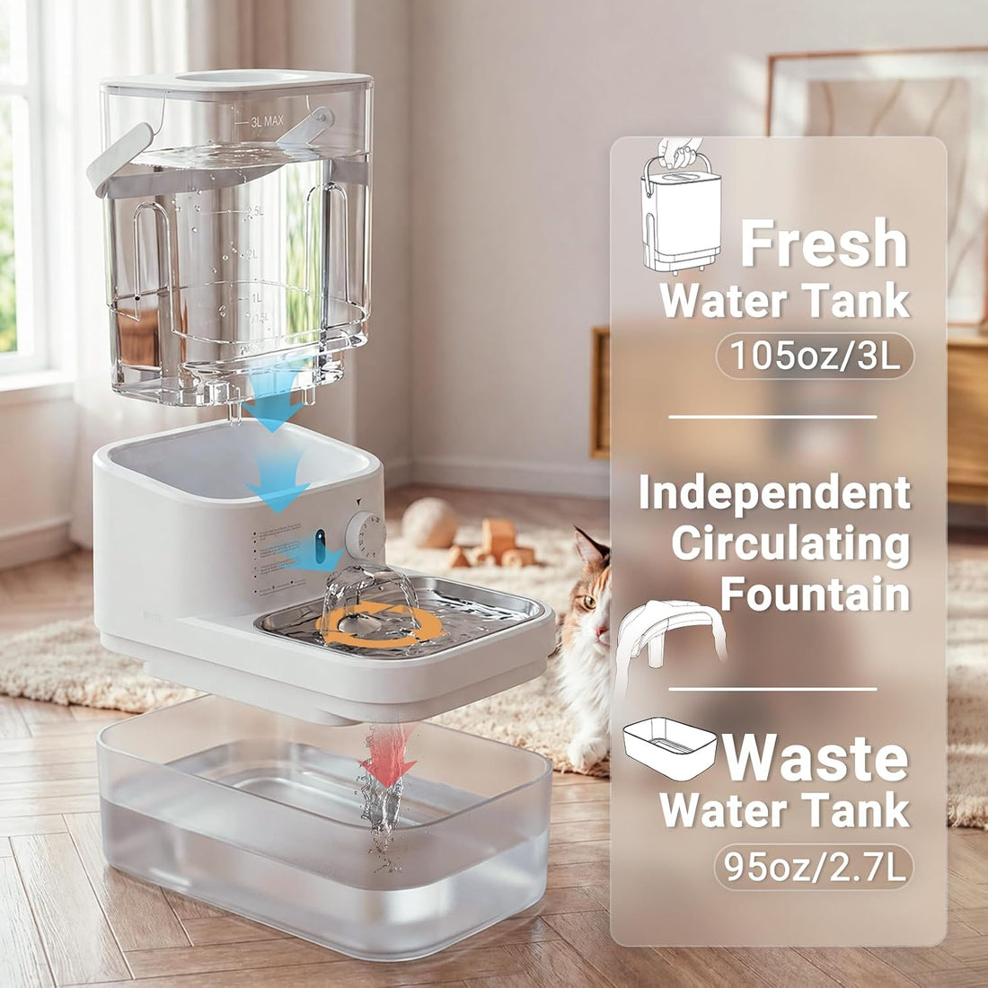3L Filterless Cat Water Fountain, Wireless, Wastewater Separation