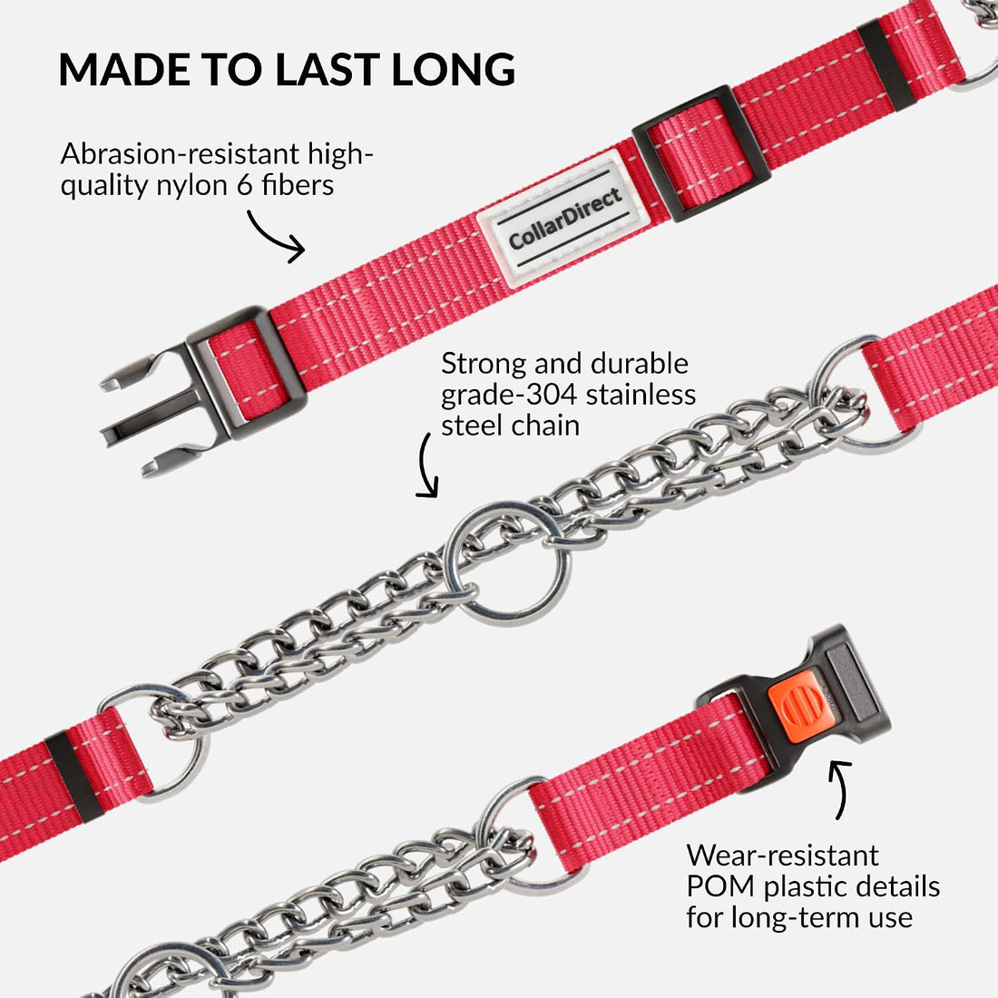 CollarDirect Martingale, Steel Chain, Reflective (L, 17-22", Pink)