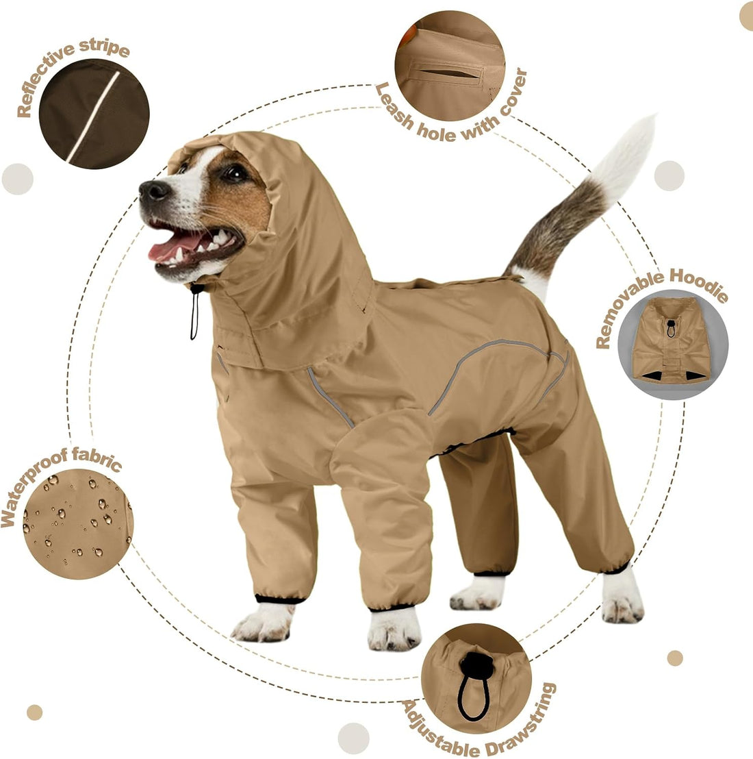ADINIKIA Dog Raincoat,Waterproof Rain Jacket with Removable Hood,Khaki