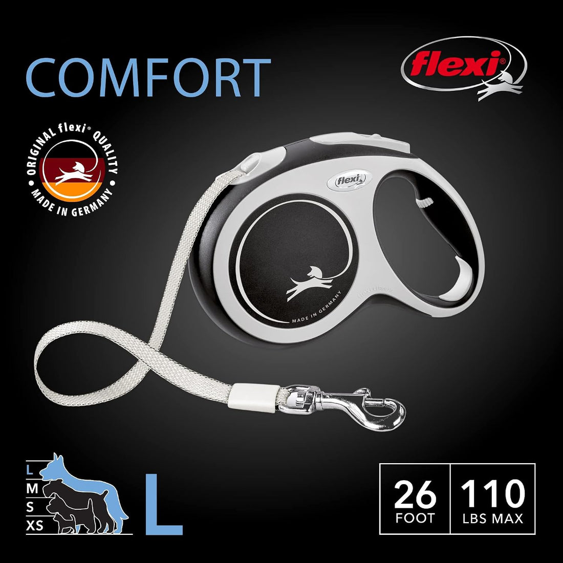 FLEXI® Comfort Nylon Tape Retractable Dog Leash, Large, 26 ft