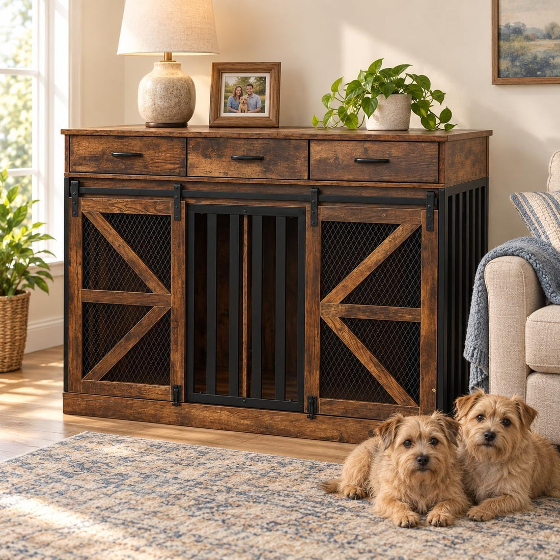 kepptory Furniture Dog Crate for Medium or 2 Small Dogs, Wooden Kennel