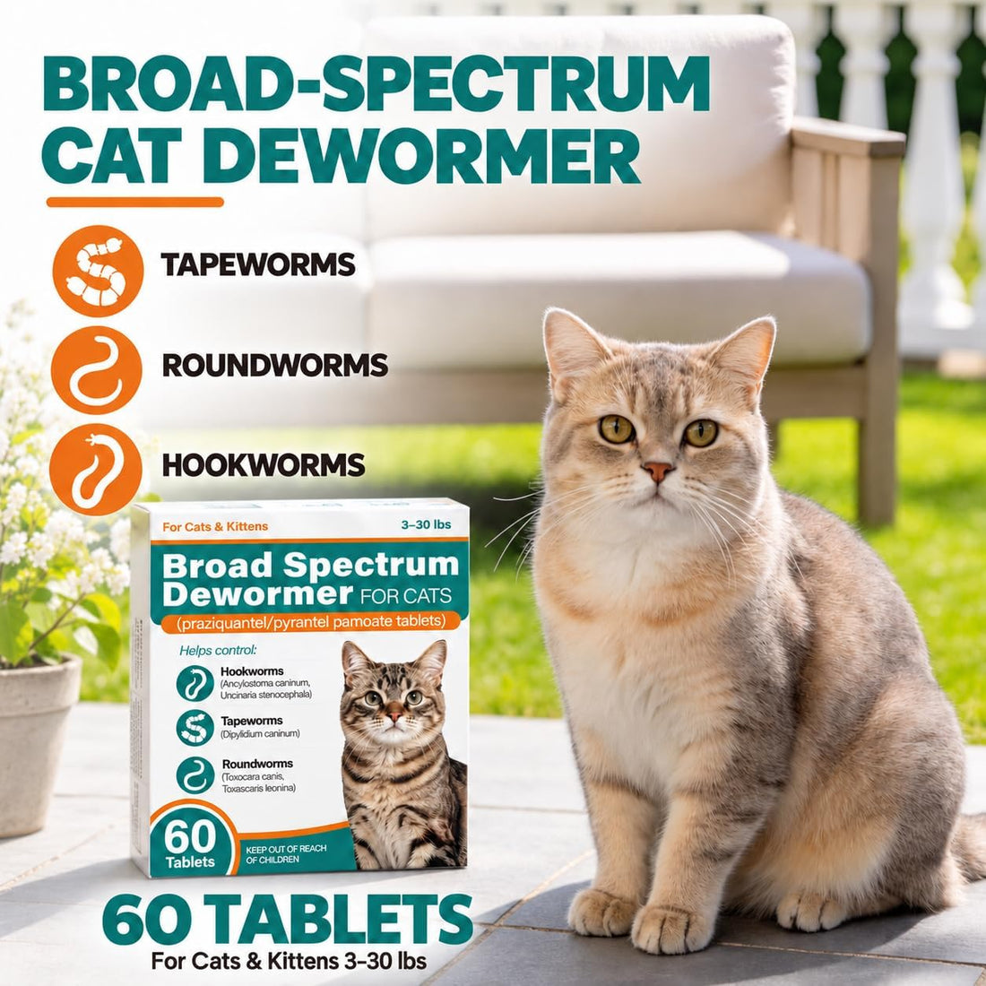 DEwormer for Cats, Broad Spectrum Tablets for Cats & Kittens, 60 Count