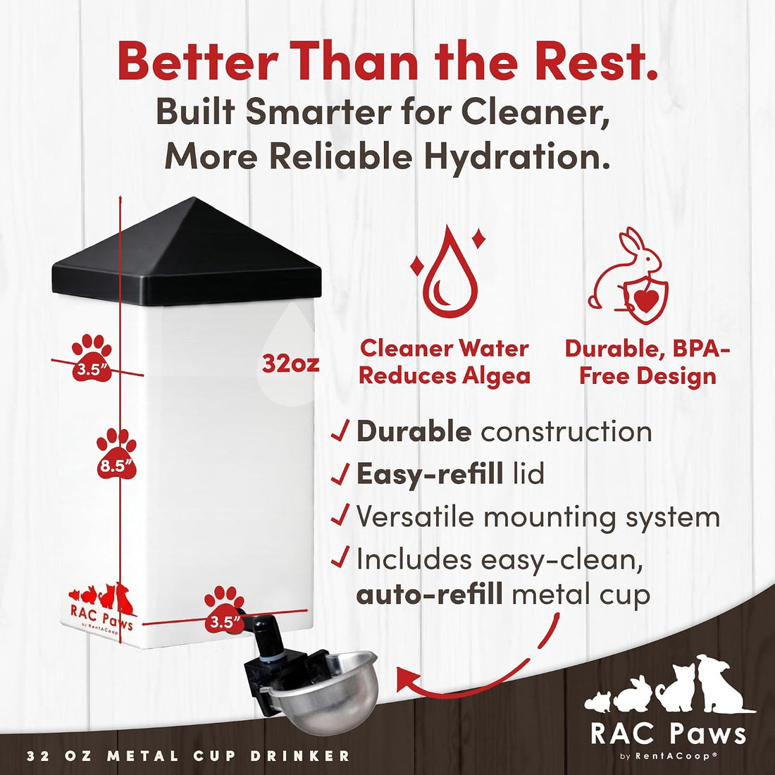 RentACoop 32oz Small Animal Drinking Bottle with Auto-Fill Metal Cup