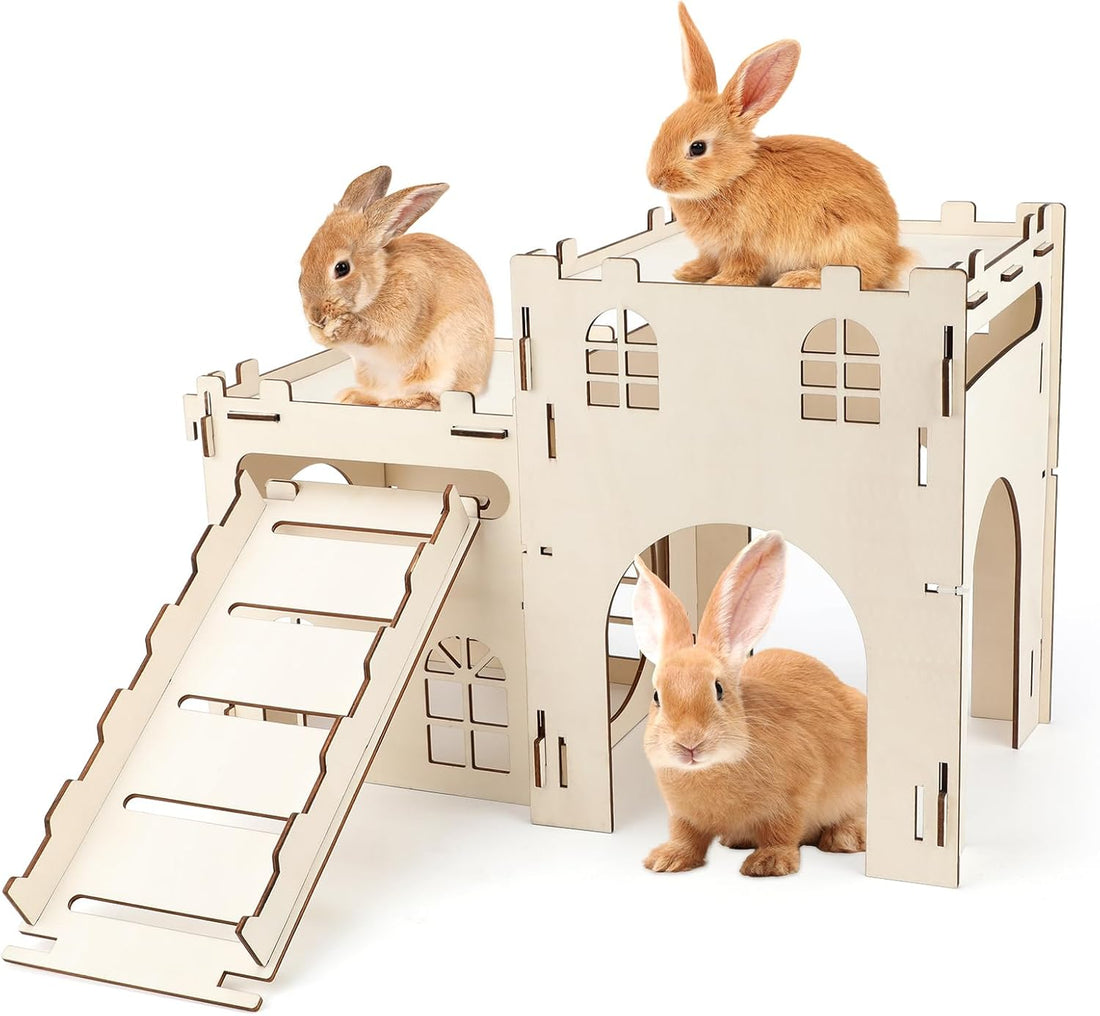 BWOGUE Large Wooden Bunny Hideout,Detachable Rabbit Castle for Small