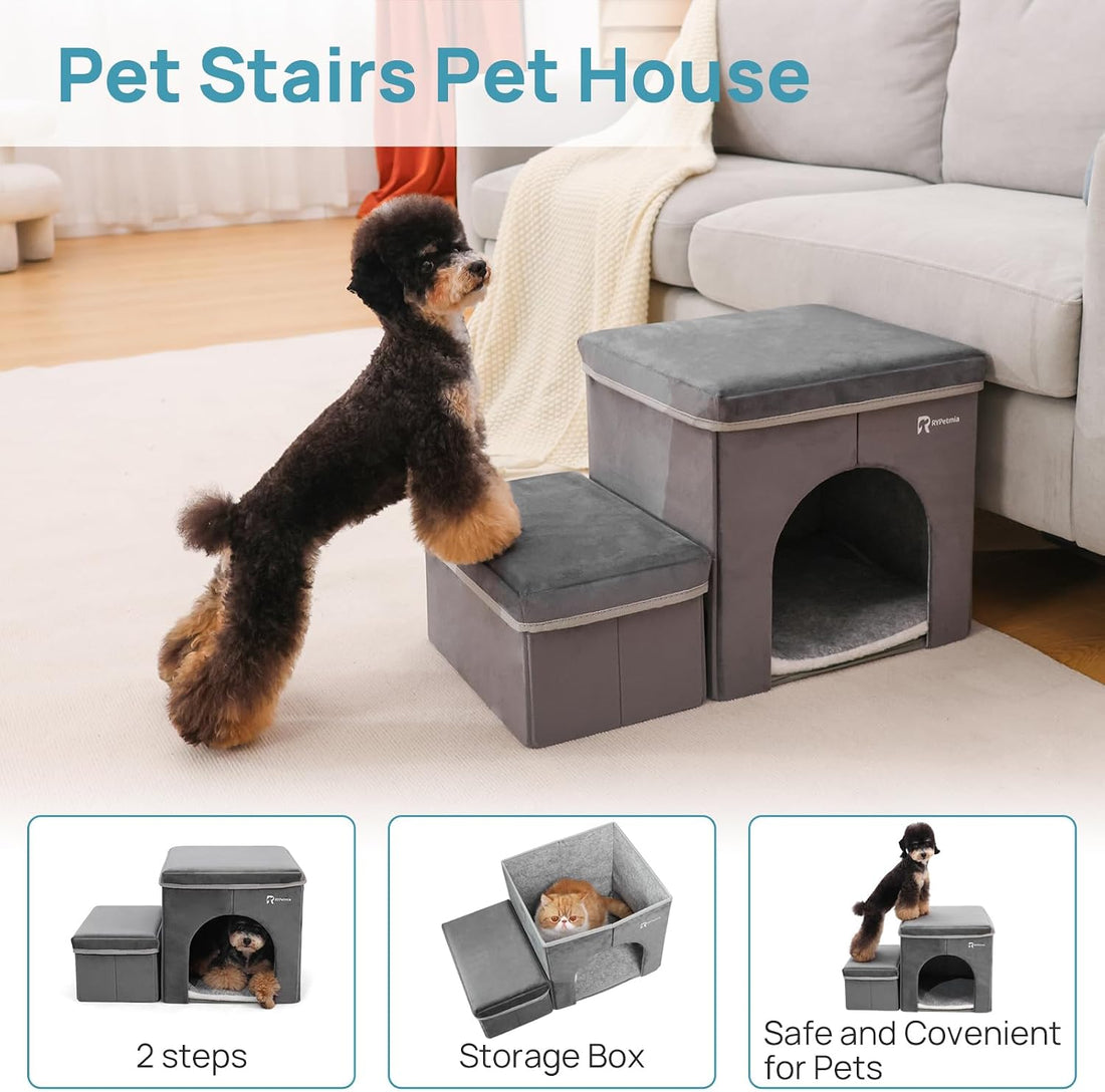 Foldable Pet Stairs with Cozy House & Storage