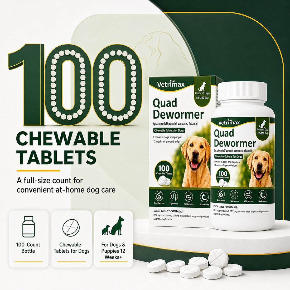 Quad Dewormer for Dogs, 4-Way Wormer for Whipworm, Tapeworm
