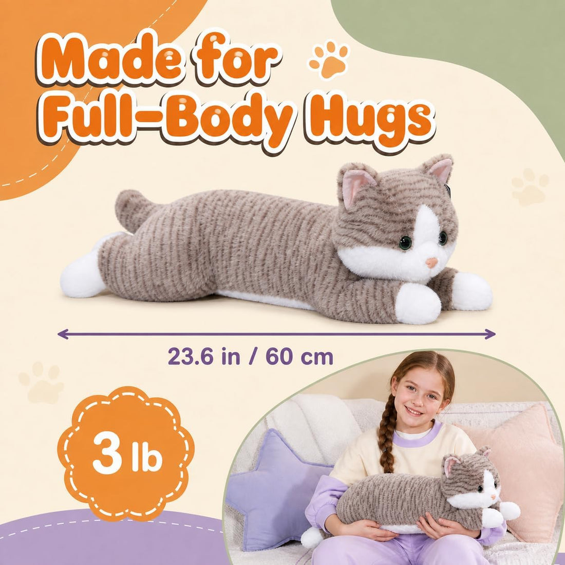Weighted Cat Stuffed Animal, 3 lb, 23.6 in Plush Cat
