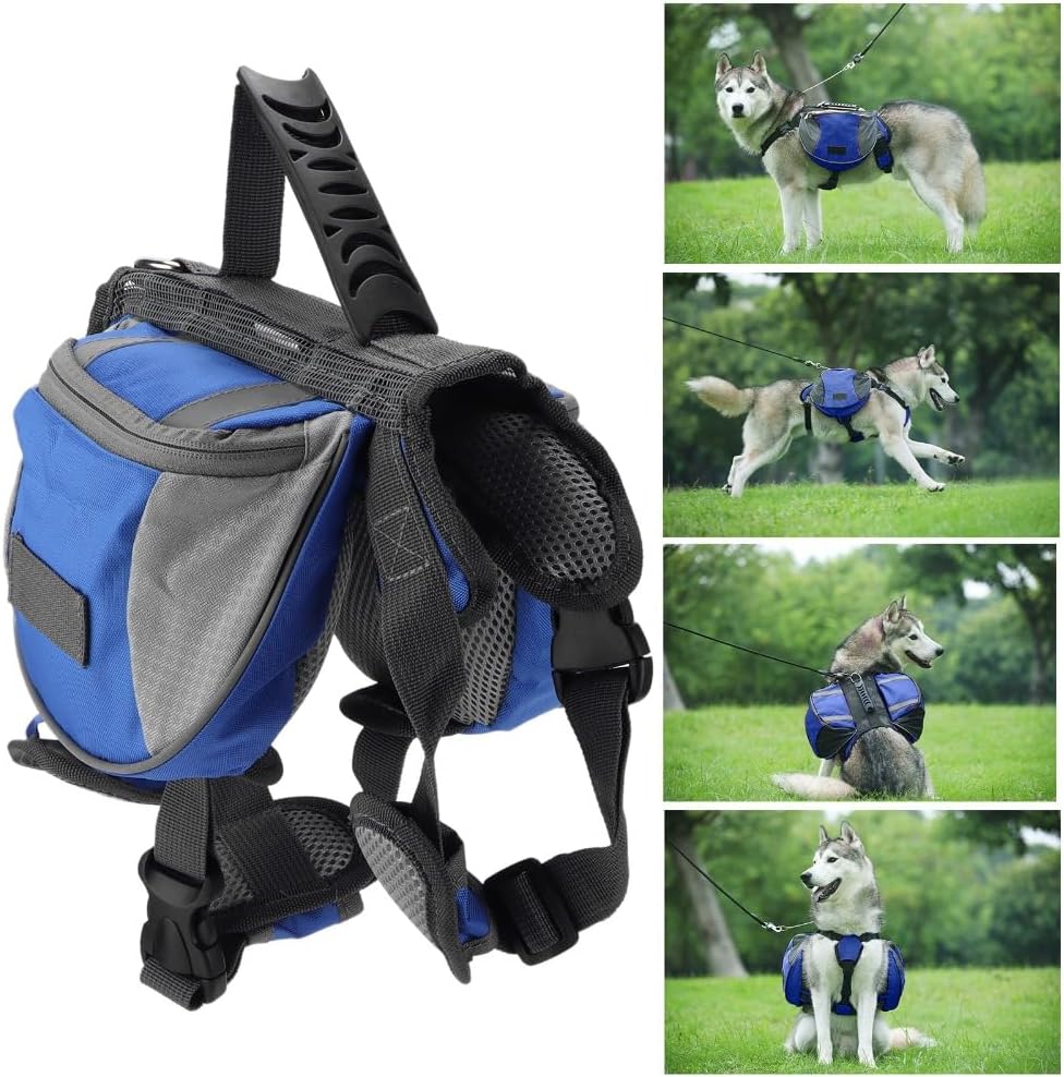 Dog Saddle Bag Backpack,Bright Blue Nylon Dog Pack with Reflective