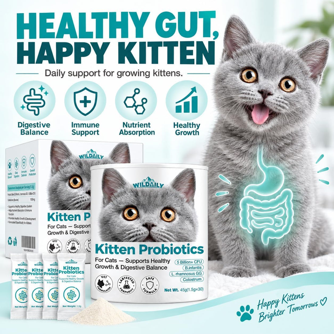 Wildaily Cat Probiotics，Veterinary-Formulated Kitten Probiotics