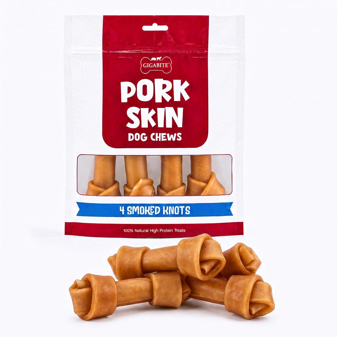 Best Pet Supplies GigaBite Pork Skin Dog Chews - 6" Knots, 4 Count