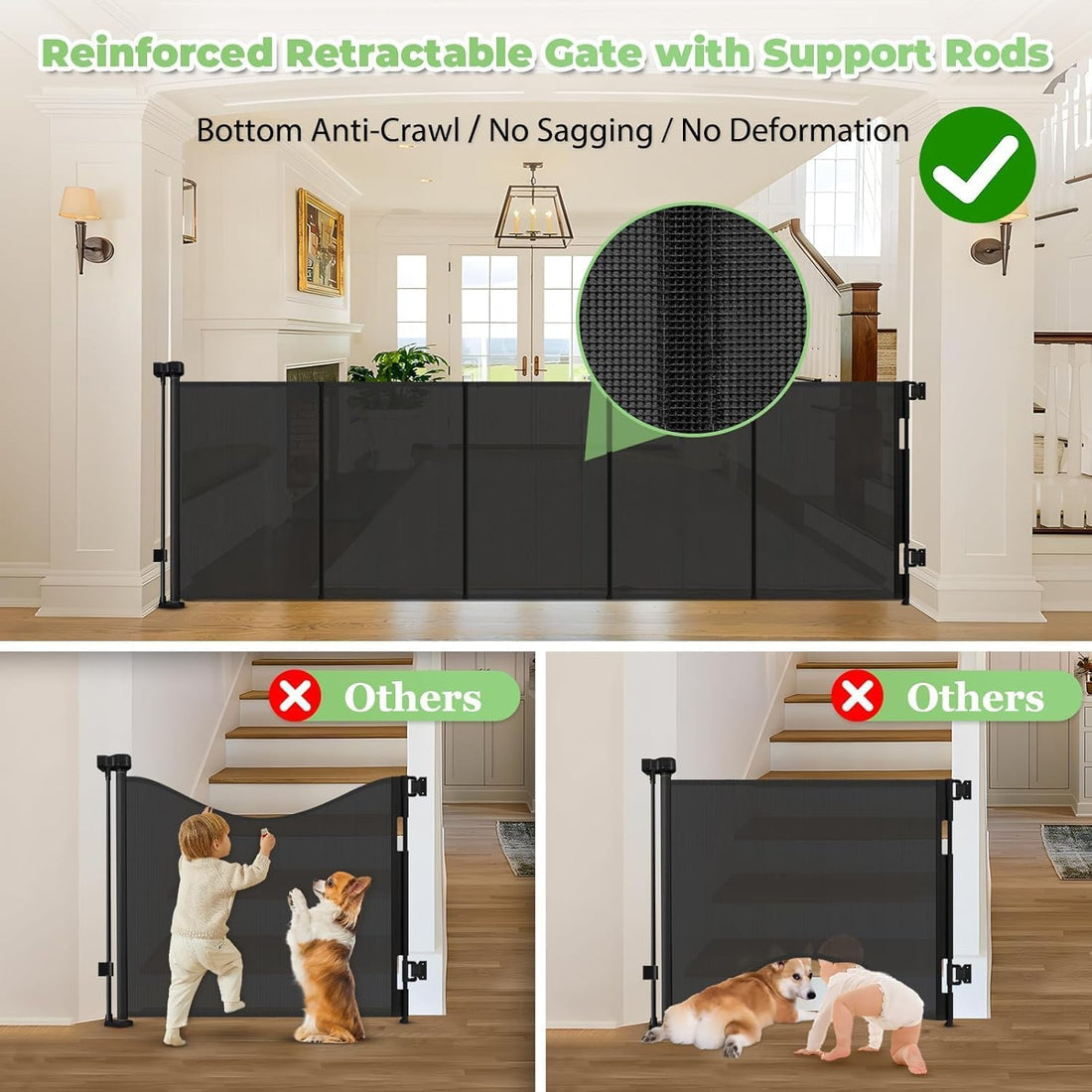 96 Inch Wide Reinforced Retractable Baby Gate with Support Rods