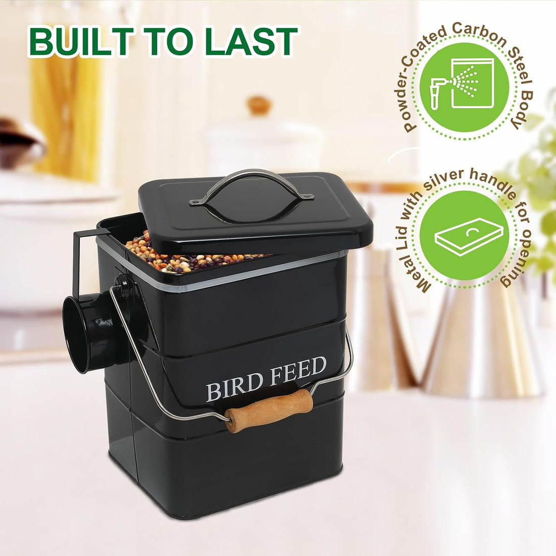 Brabtod Bird Seed Storage Container Airtight,5~6LB Metal Bird Food
