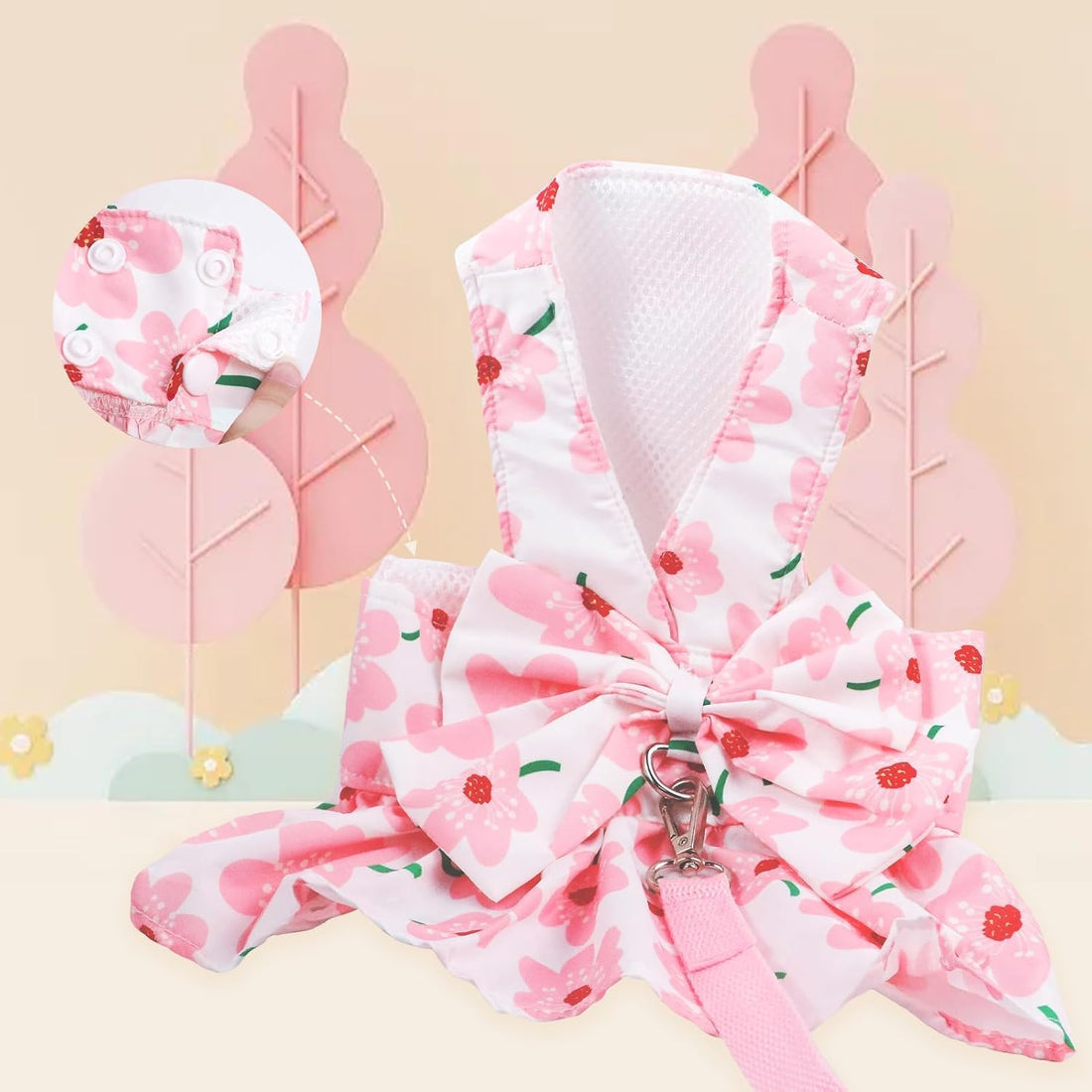 Dog Dress Bowknot Harness Leash Set for Small Girl Dogs Pink Floral