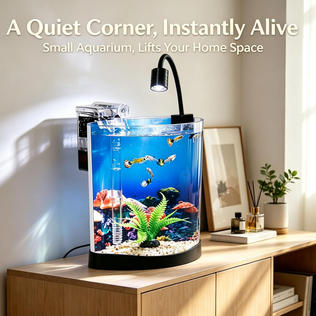 Desktop Fish Tank Kit, 3-in-1 Aquarium Starter with Filter & LED Light