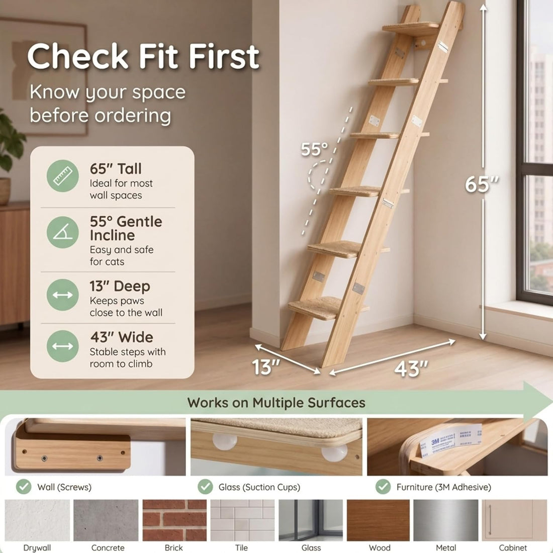 65" Tall 6-Level Cat Ladder for Window & wall