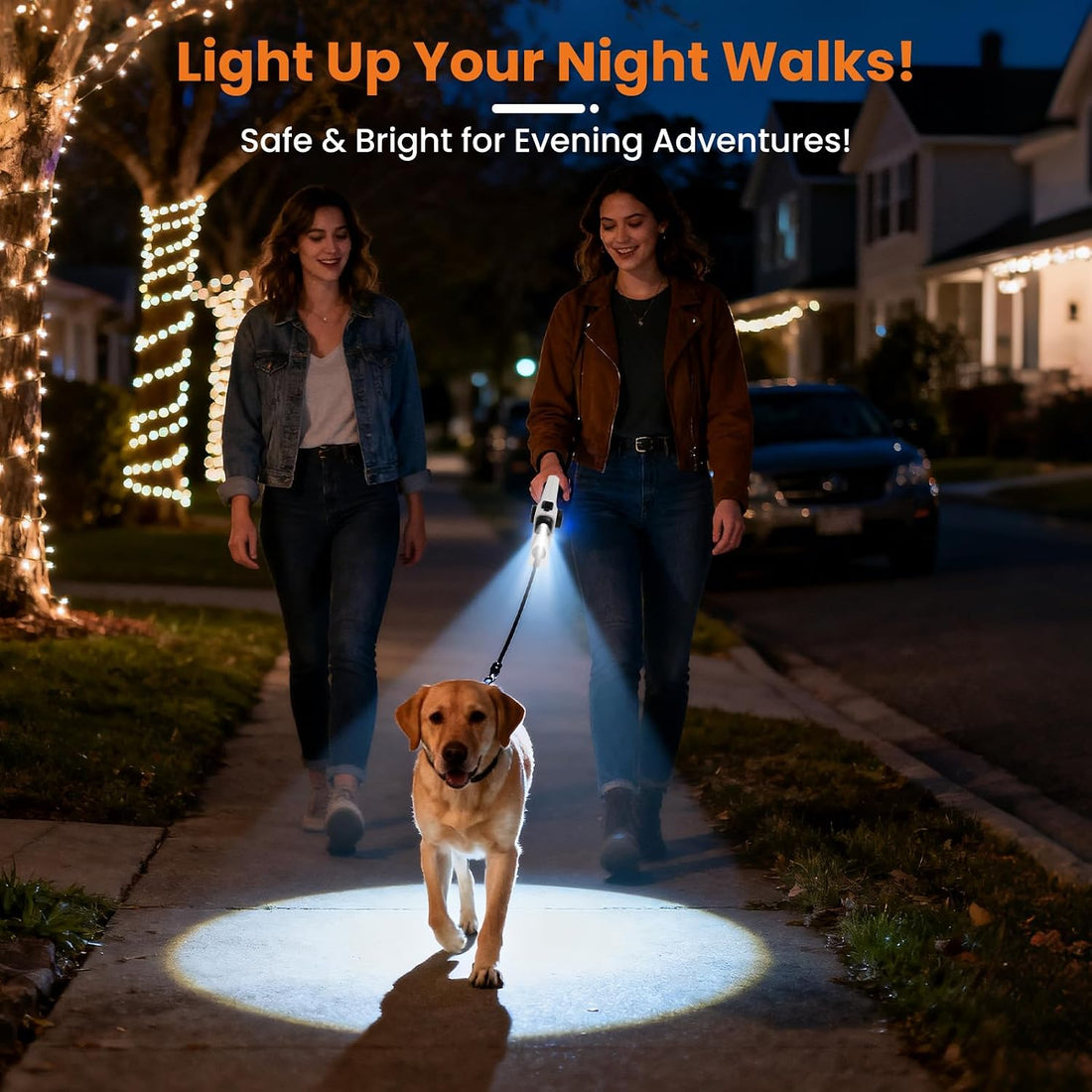 Retractable Dog Leash with USB Rechargeable Light, Reflective, Black