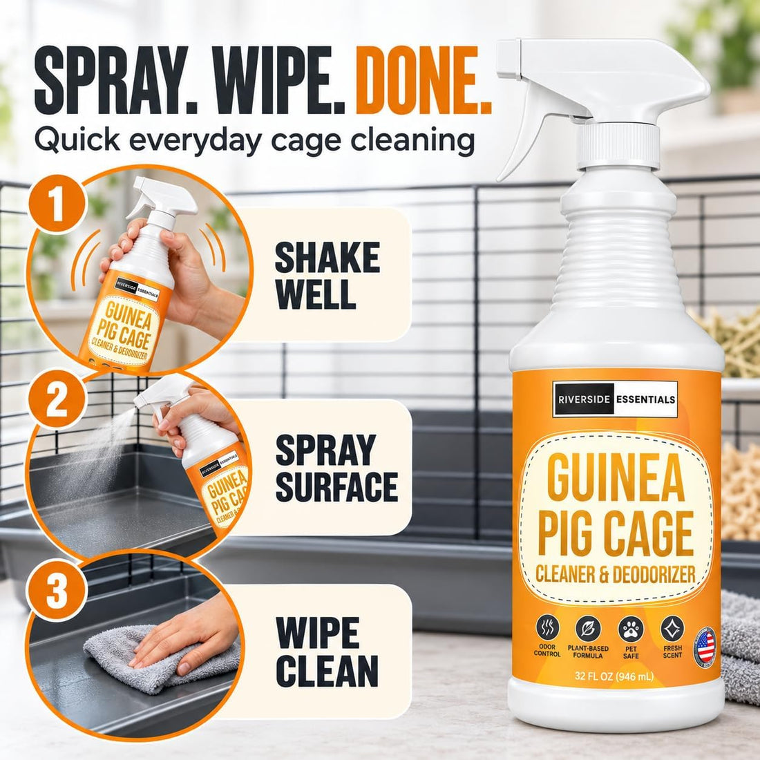 Guinea Pig Cage Cleaner & Deodorizer Spray, 32oz – Made in USA