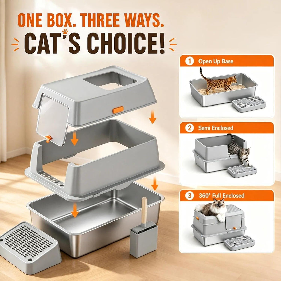 XL Enclosed Stainless Steel Litter Box with Lid Include Pedal Scoop