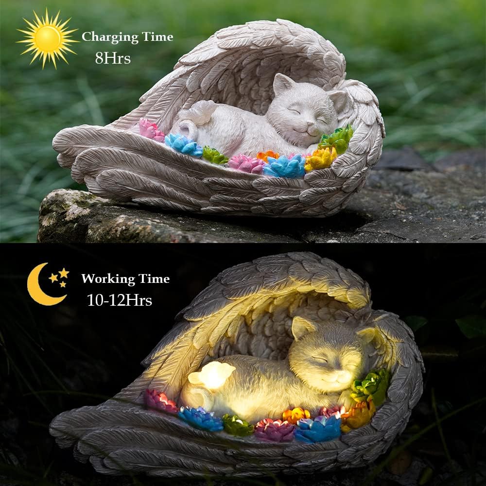 VKEVOC Cat Memorial Stone,Solar Angel Cat Statue Figurine