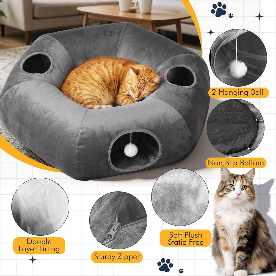 Cat Tunnel, 11.5" Large Cat Tunnel Bed for Indoor Cats