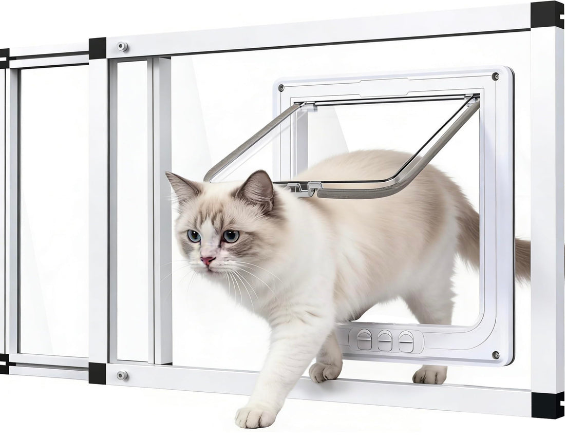 Full Glass Cat Door for Window,22"-28.5" Adjustable Width,1-Min