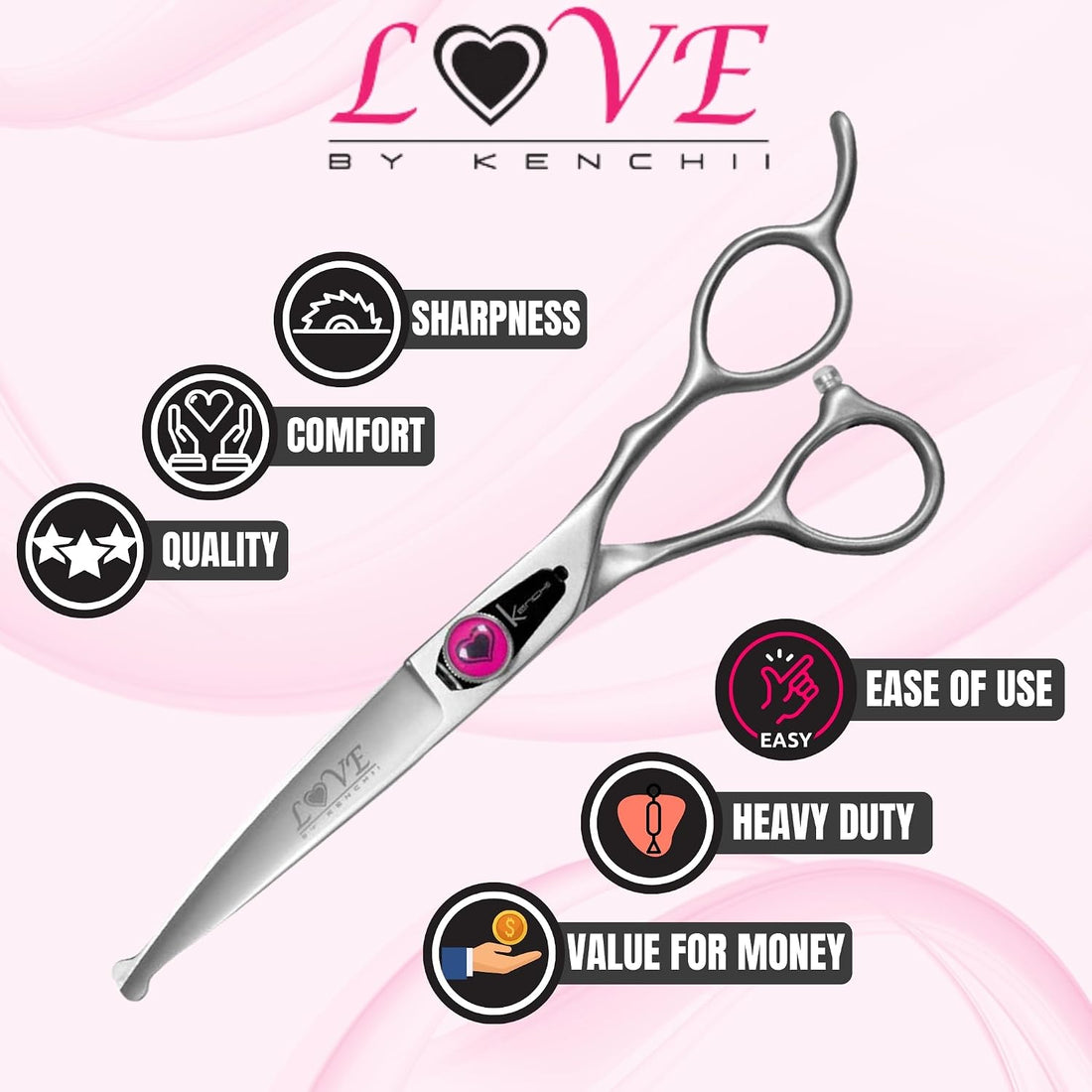 Kenchii Love Dog Grooming Shears, 6.5in Ball Tip Curved