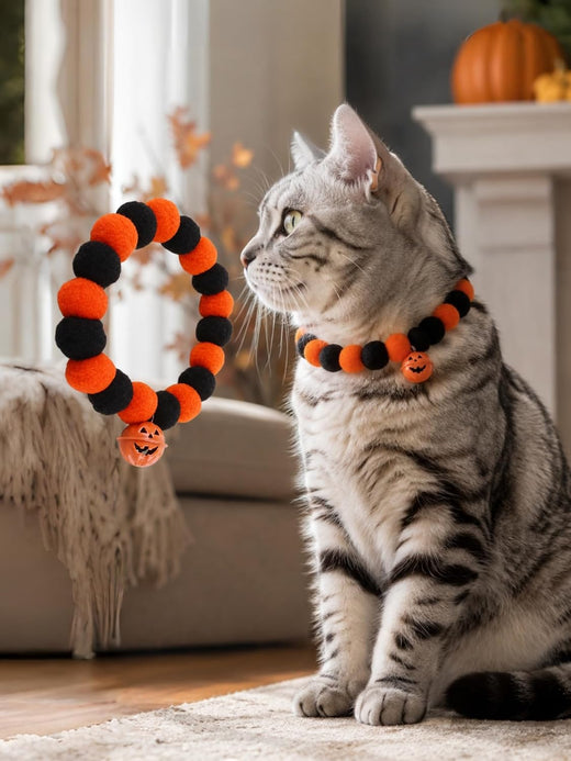 Halloween Pet Collar, Pumpkin Bell Pom Pom Necklace for Cats and Dogs