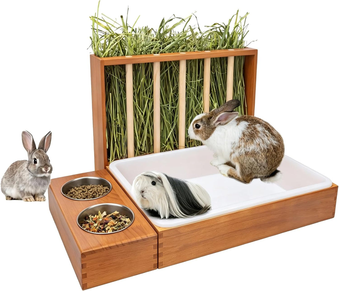 BESNEW 3 in 1 Rabbit Hay Feeder with Litter Box,Wooden Hay Feeder