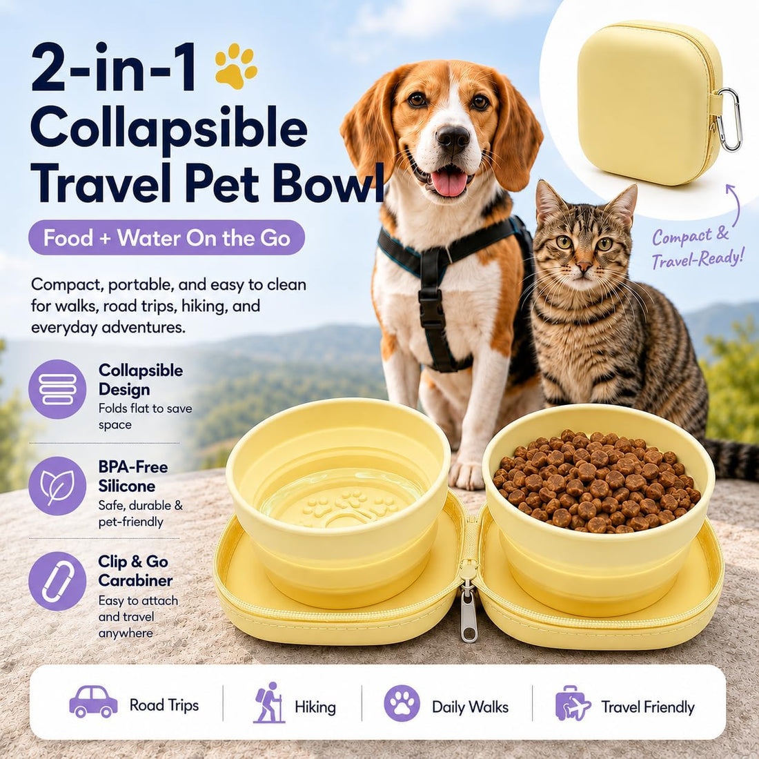 Portable Dog Bowl, Collapsible 2-in-1 Travel Dog Bowls with Carabiner