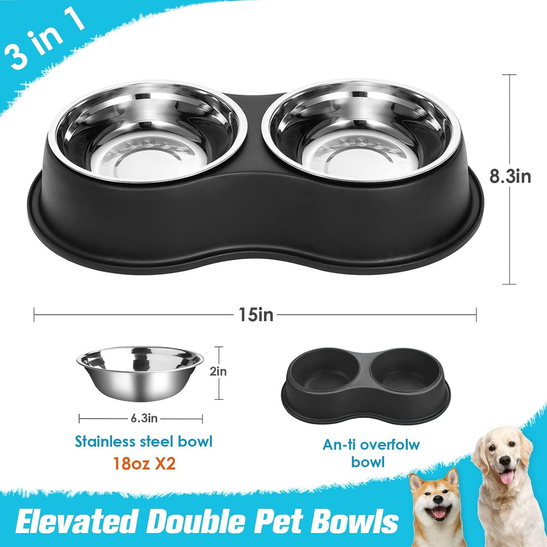 Epetslove Dog Bowls Double Dog Water and Food Bowl Stainless Steel