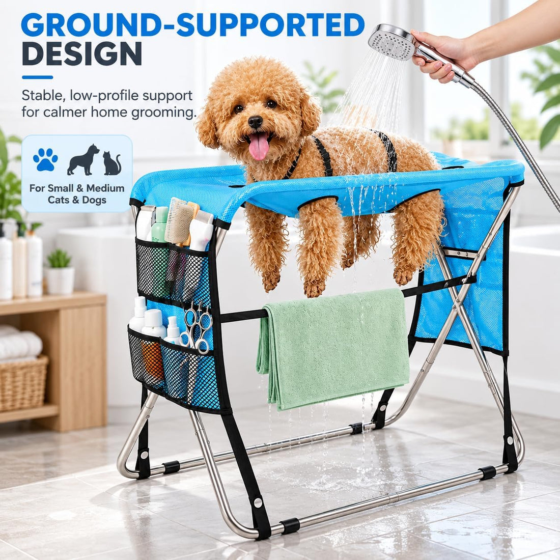Dog Grooming Hammock Stand, Ground Support, Stainless Steel Frame