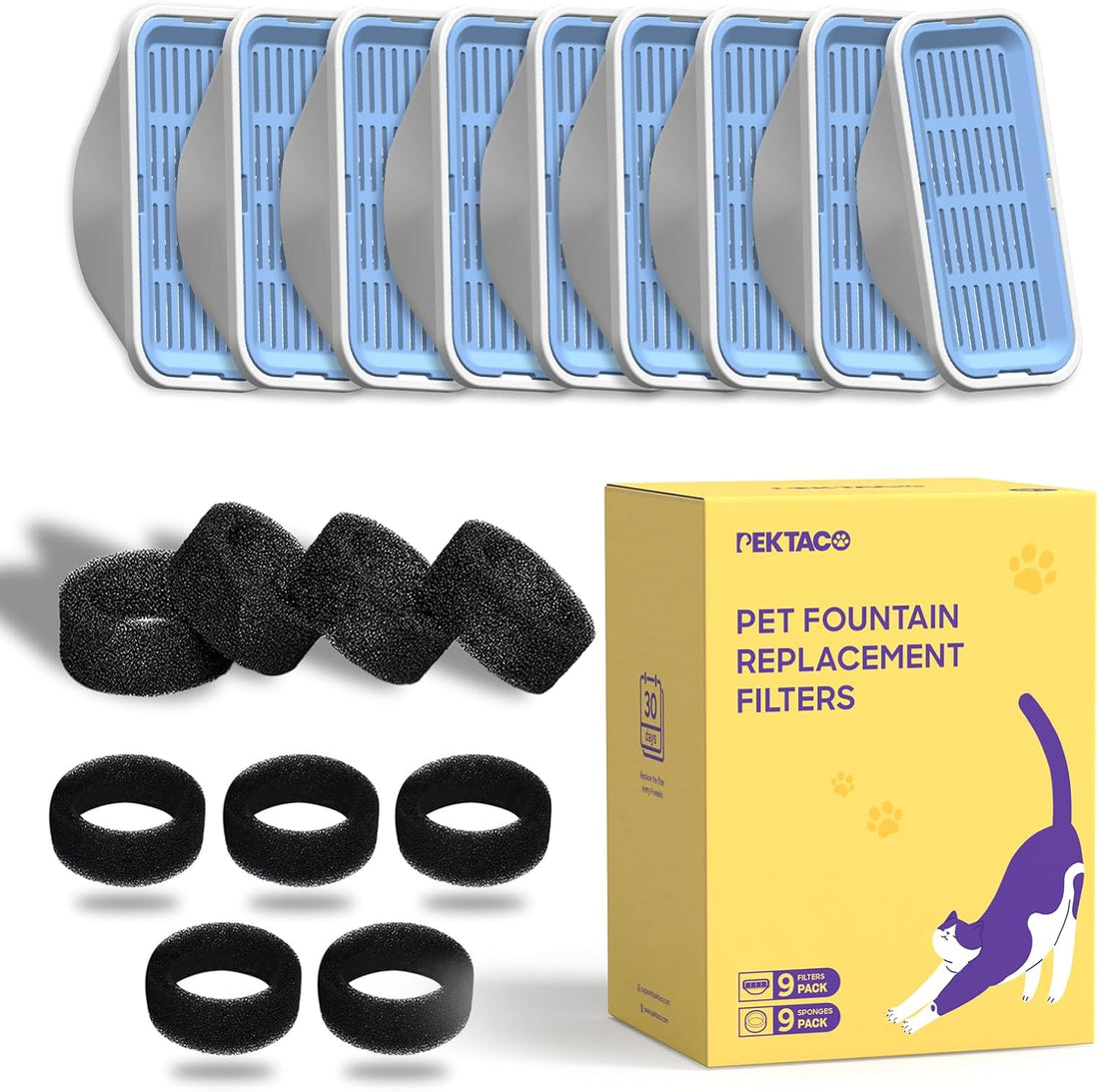 PEKTACO Cat Water Fountain Filters Replacement & Pre-Filter Sponges