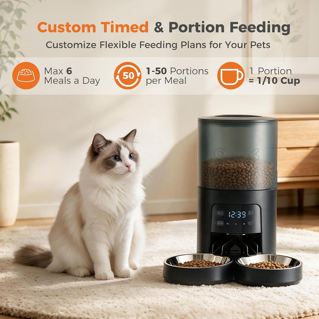 Sweetcrispy Automatic Cat Feeder for 2 Cats, 6L Automatic Pet Feeder