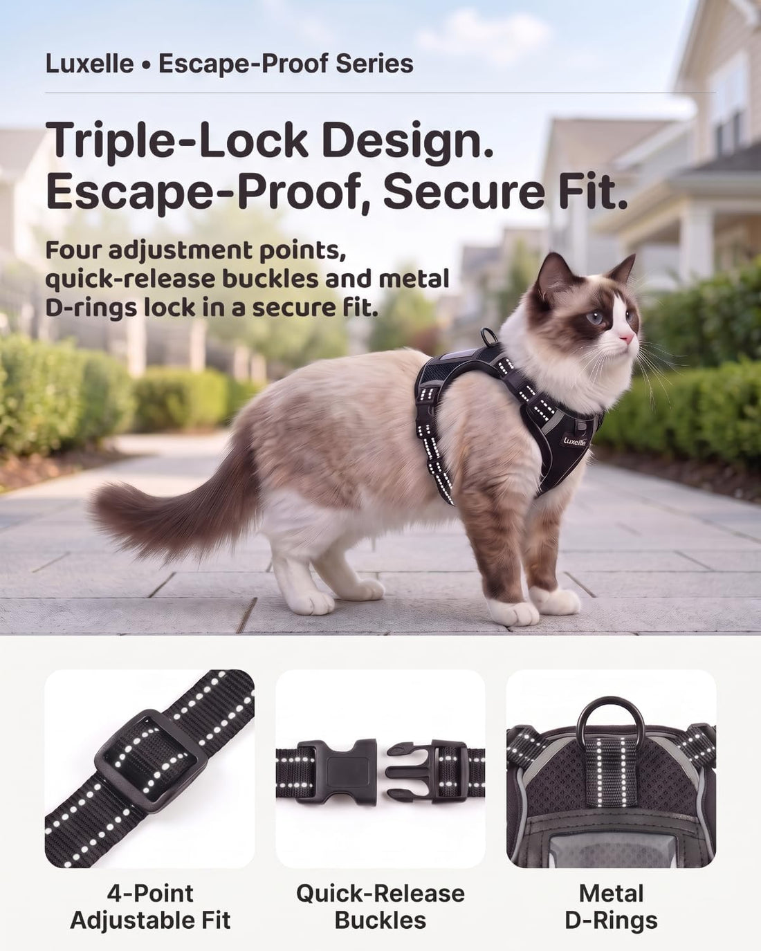 Luxelle Escape Proof Cat Harness with Retractable Leash & Wrist Strap