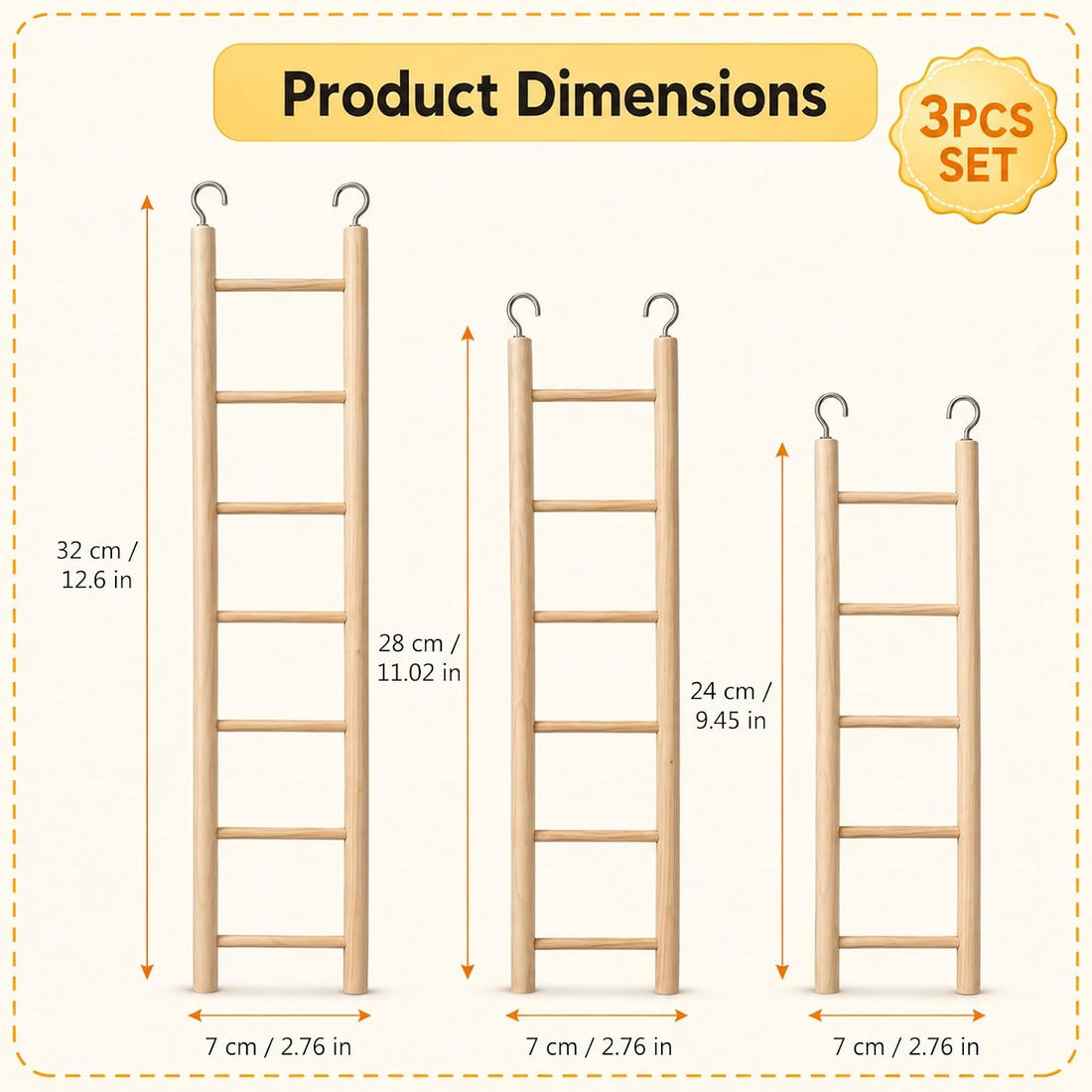 3 Pcs Natural Wooden Bird Cage Ladder Set 6 Step/7 Step/8 Step
