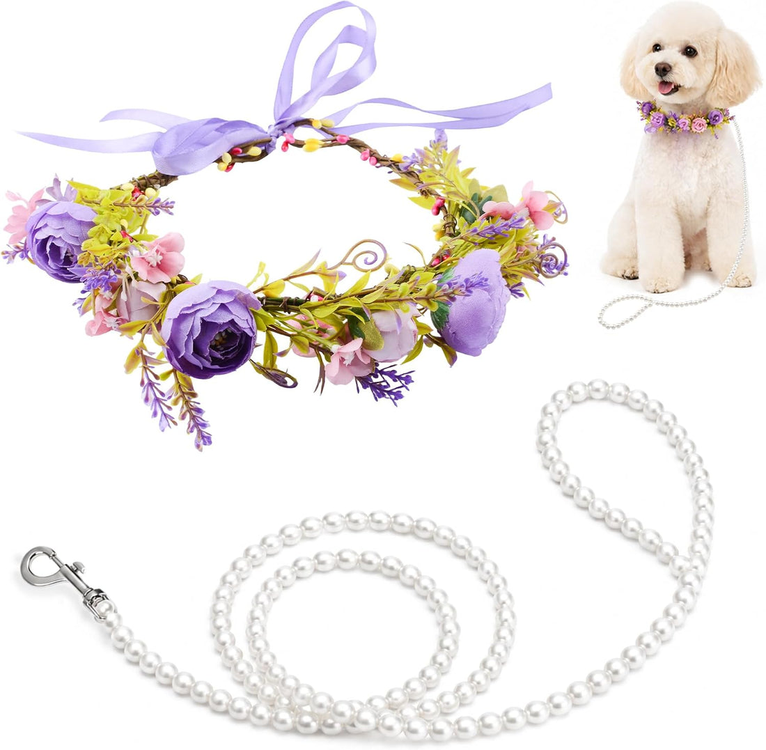 Dog Wedding Flower Collar with Pearl Leash,2 PCS Purple Rose
