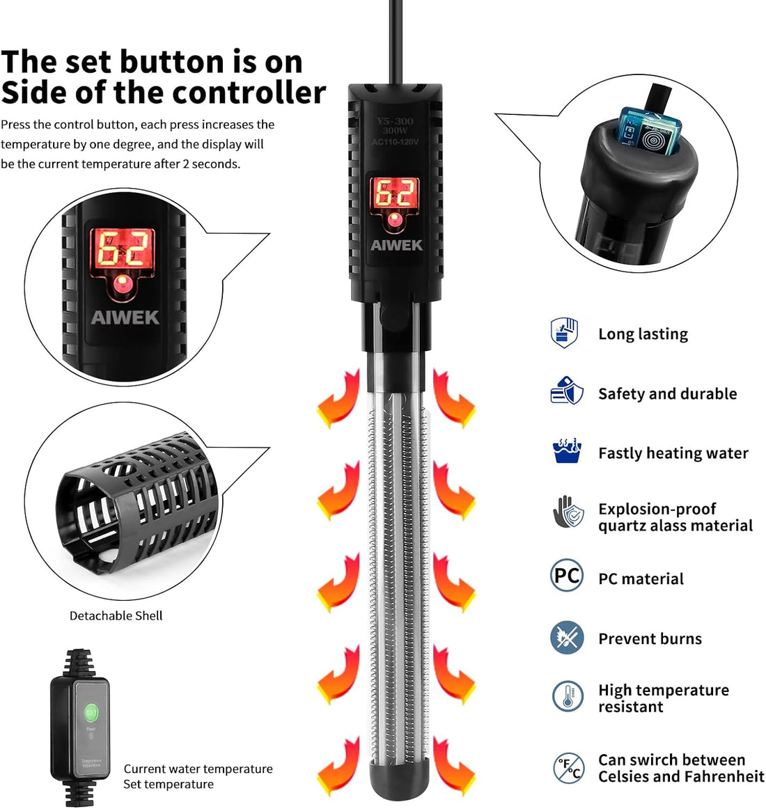 Aquarium Heater 300W Upgraded Fish Tank Heater With Leaving Water