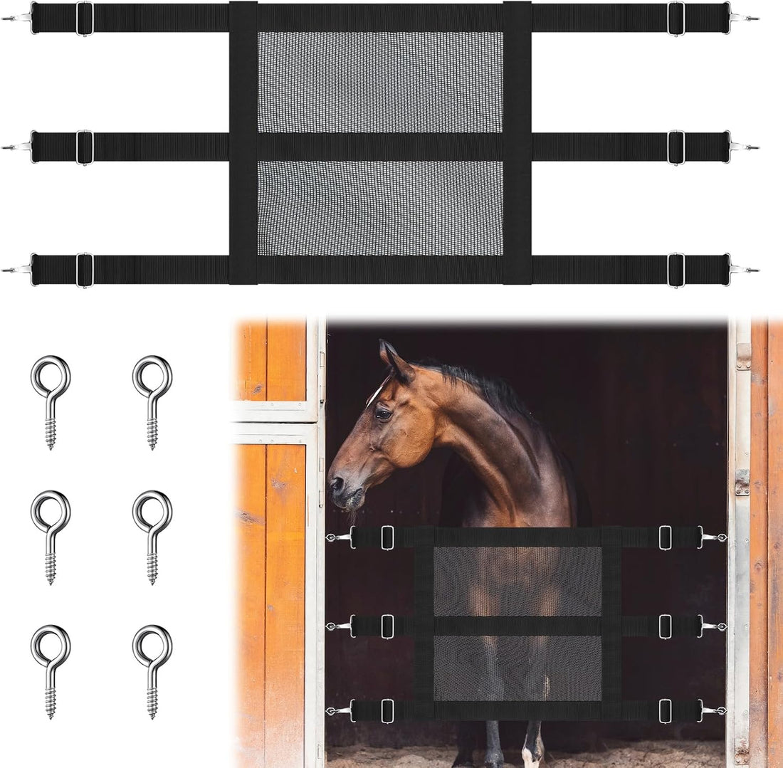 Horse Stall Guard, 57 x 18 Inch Adjustable Nylon Black Mesh Gate