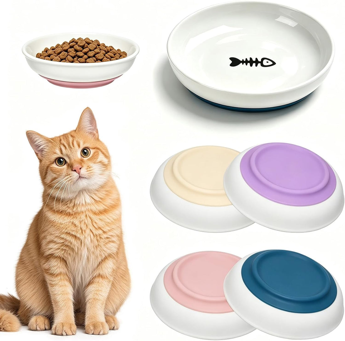 [4 Pack] Ceramic Cat Bowls, Cat Dishes with Non-Slip Silicone Bottom